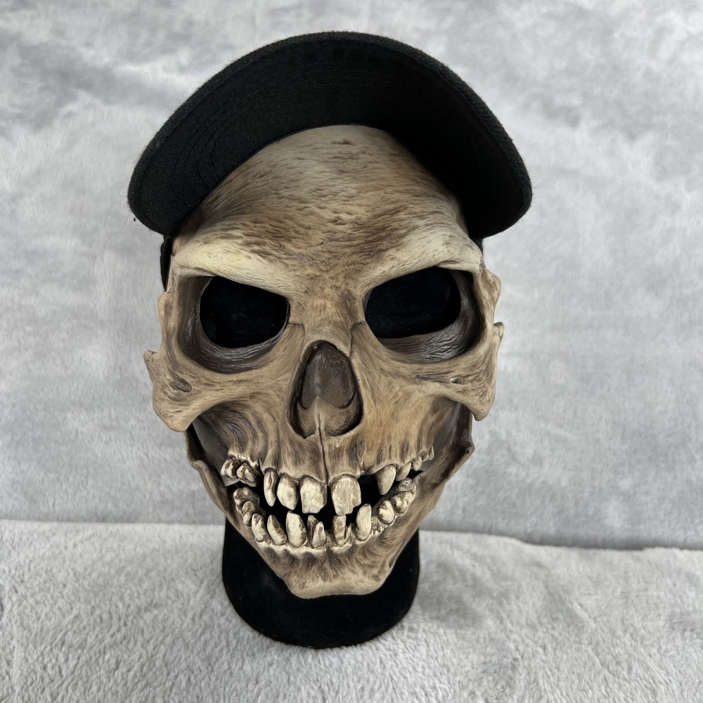 Spirit Halloween Skull Mask Black Cap Hat Attached Half Face Latex Horror Biker